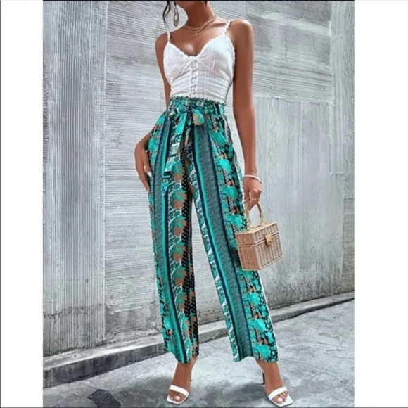 Boho Wide Leg Pants | Green Floral Paperbag Waist High Rise Vacation Look - Picture 2 of 3